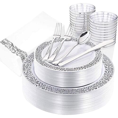 Disposable Party Supplies Plastic Tableware Set Plate Steak Knife Fork Spoon Water Cup Birthday Party Decoration Wedding Supplie