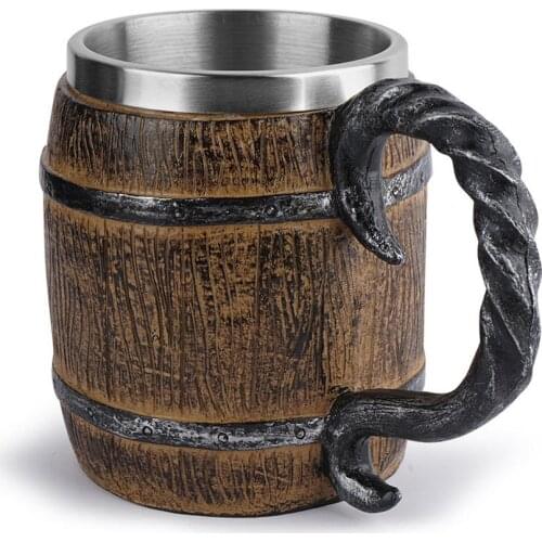 450ML Beer Mug Bar Cups Christmas Gift Simulation Wooden Barrel Beer Cup Double Wall Drinking Mug Metal Insulated Drinking