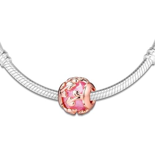 Charms fits for Necklace Bracelets Pink Decorative Leaves Rose Beads 100% 925 Sterling Silver Jewelry Free Shipping