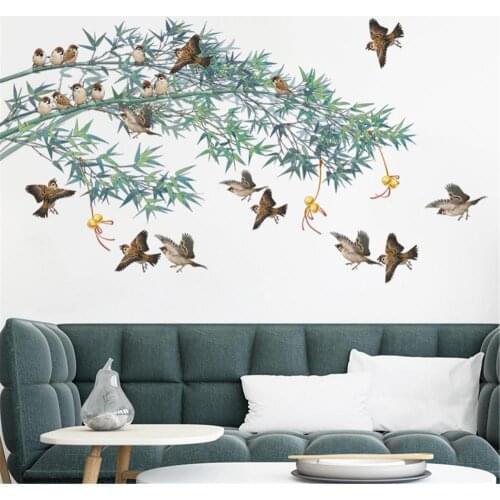 Self-Adhesive Sparrow Bamboo Living Room Wall Background Sticker Decal Decor Home Decoration Stickers & Posters