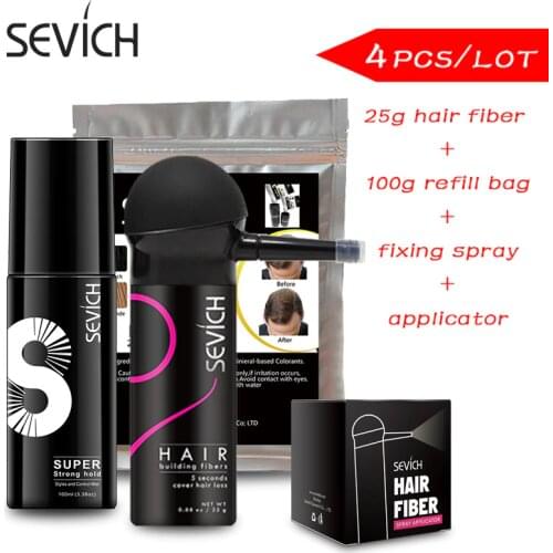 Sevich Hair Building Fiber Kit 4pcs/lot 100g hair fibers + 25g gel+nozzle pump + fixing spray Hair Loss Product Fibers Extention