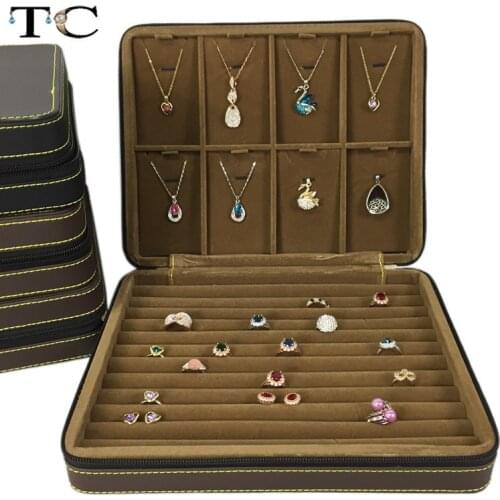 Brown PU Leather Jewelry Storage Box Zipper Organizer Necklace Pendant Case Ring Velvet Case Business Travel