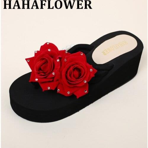 HAHAFLOWER New summer high quality sweet handmade artificial flowers pearl flip flops sandals beach slippers
