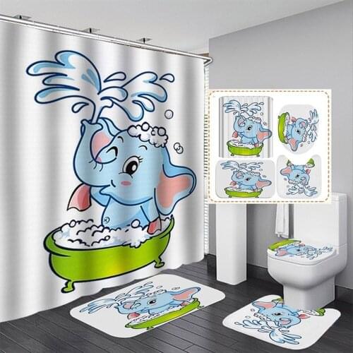 Cute Blue Baby Elephant Shower Curtains Bathroom Curtain Set for Bathtub Home Decor Animal Pet Bath Rugs Carpet Mats