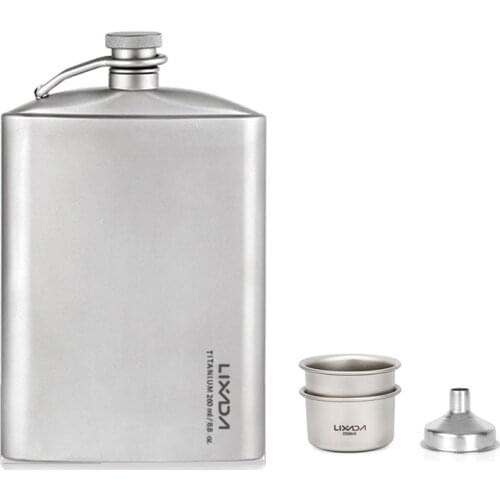 Lixada Titanium Flask 260/200ml Wine Hip Flagon w Screw Cap Clip Ultralight Hydration Flat Bottle w Ti Funnel for Outdoor Hiking
