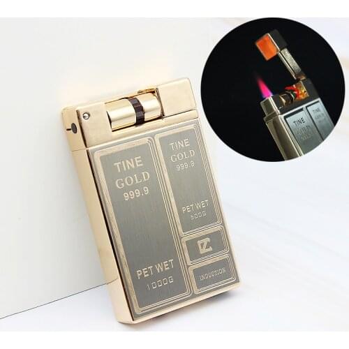 High-end Luxury Gold Brick Jet Metal Lighter Torch Turbo Grinding Wheel Butane Gas Lighters Flint Inflated Gasoline Oil Lighter