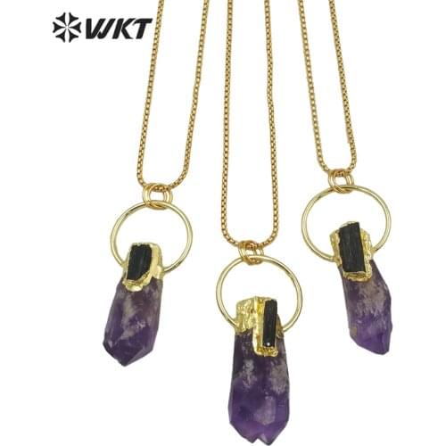 WT-N1266 WKT Luxury Natural Stone Necklace Amazing Purple A-methyst Necklace With Black Tourmaline Charm Gold Eletroplated