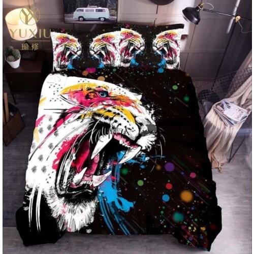 YuXiu Classic Duvet Cover Sets Animal Tiger 3D Black Bed Linen Linens Quilt Covers Bedding Set 3Pcs Full Queen King Single Twin