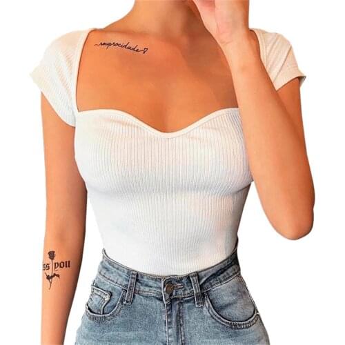 2020 Summer Women Low Cut Square Neck Short Sleeve T-shirt Clubwear New Bodycon Black White Solid T-shirt Outwear