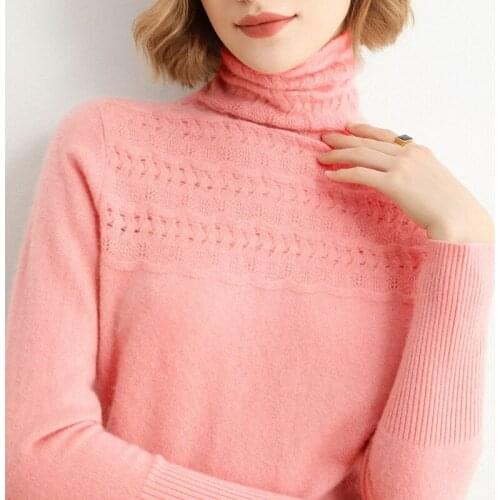 Womens Sweater 2021 New Fashion Turtleneck Hollow Out Jumper 100% Wool Sweaters Woman Sexy Solid Pullovers Long Sleeve Tops