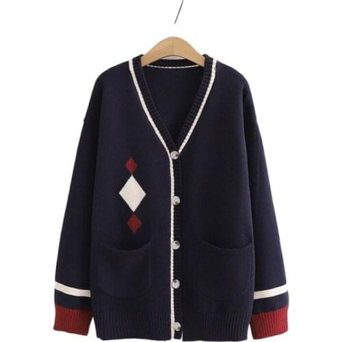 Korean Retro Double Pocket Stitching Long-Sleeved Cardigan Sweater women Jacquard Sweaters Harakuju Knit Sweater 205981