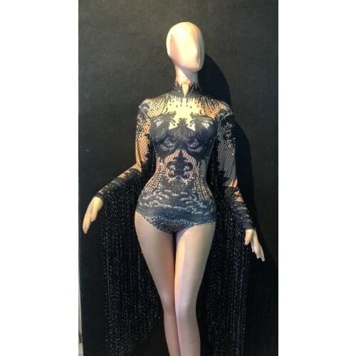 Women New Rhinestones Long Tassel Sleeves Sexy Bodysuit Birthday Celebrate Bar Outfit Women Dance Stage Wear Nightclub Outfit