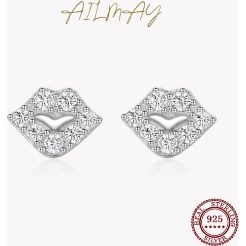 Ailmay Genuine 925 Sterling Silver Fashionc sexy Lips Line Stud Earrings Sparkling CZ For Women Wedding Engagement Jewelry