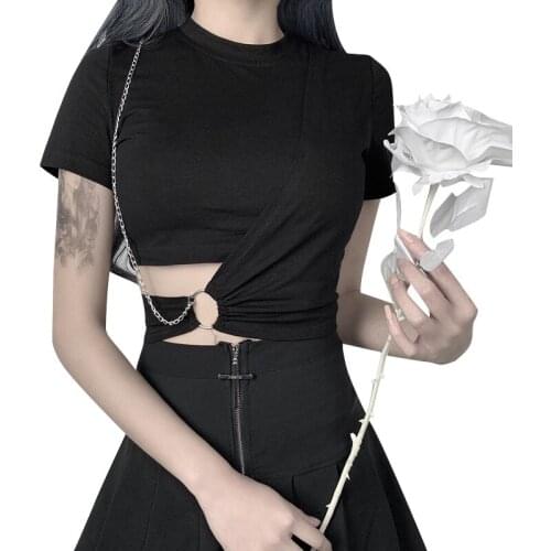 Gothic T Shirts Black T-shirts Women Sexy Hollow Out Tops Punk Style High Waist Streetwear Goth Dark Patchwork Women Tees