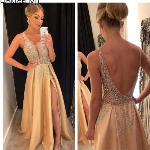 HONGFUYU New Arrival Prom Dress 2021 Sheer Deep V-Neck Tulle Satin Evening Dresses Long with Side Slit Beading Vestido de fiesta