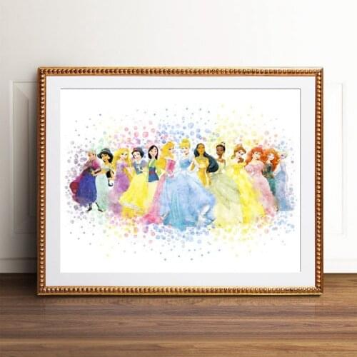 Princess Watercolor Poster Nursery Wall Art Print , All Princess Party Canvas Painting Picture Baby Girls Room Wall Art Decor