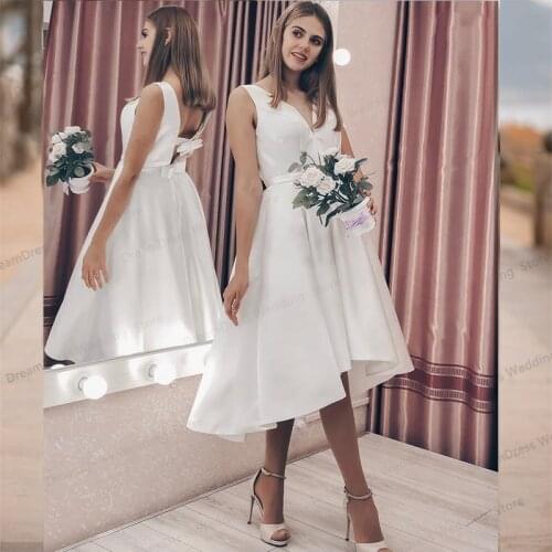 Short Wedding Dress Simple With Bow Back Elegant V-Neck Tank Sleeveless Bridal Gown Robe De Mariee Charming Cheap Beach Civil