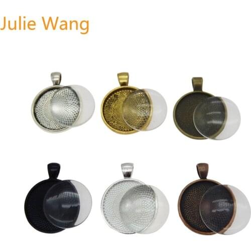 Julie Wang 6 Sets Mixed Colors Alloy Round Bezel Pendant Tray Cabochon Cameo Setting with Glass tile Pendant Jewelry Making