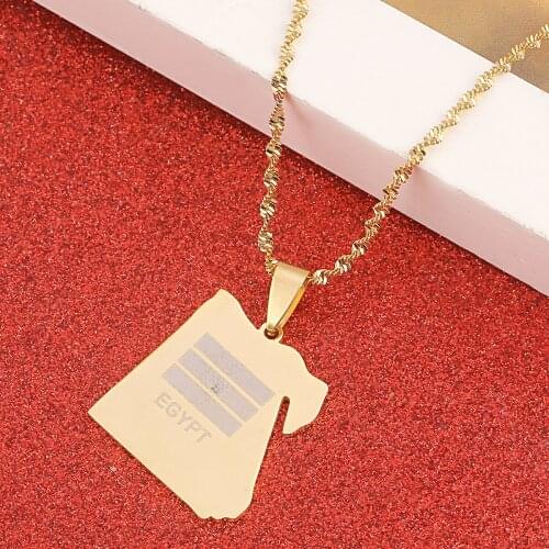 Stainless Steel Gold Color Egypt Country Map Flag Pendant Necklace Egyptians Map Chain Jewelry
