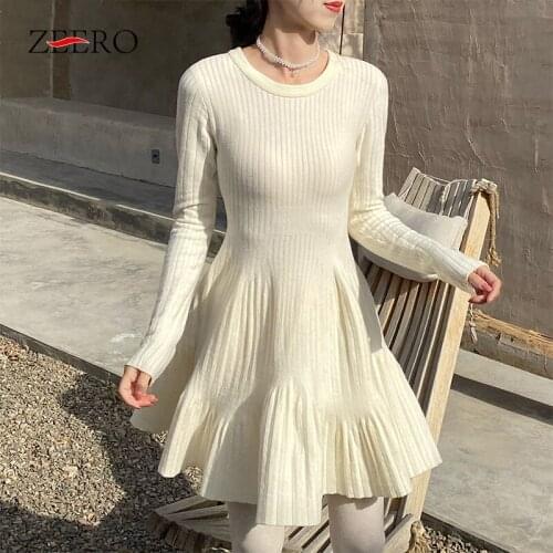 Autumn Women Black Long Sleeve Knitting O Neck Slim Ruffles Sexy Dress Elegant Female White Casual Winter Mini Sweater Dresses
