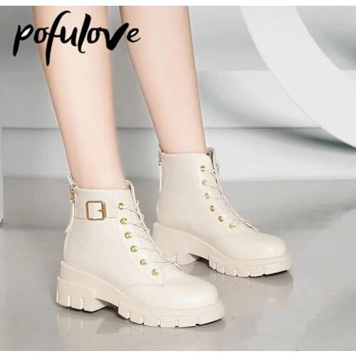 Pofulove Platform Shoes Winter Leather Boots Women White Black Design Boots Spring Fall Shoes Korean Fashion Summer Botas Zapato