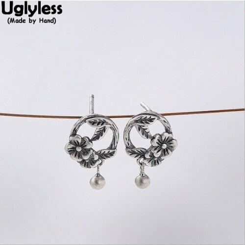 Uglyless Ethnic Real Thai Silver Flower Stud Earrings for Women 100% Solid 925 Sterling Silver Ball Studs Handmade Fine Jewelry
