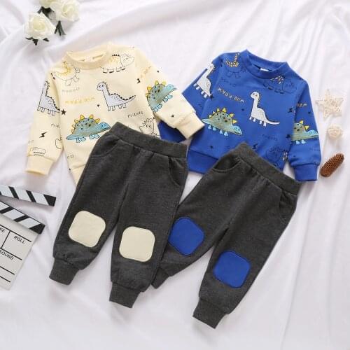 Spring Baby Long Sleeve + Trousers, Dinosaur Print Elastic Waist Ribbed Closing Classic Round Neck Clothing