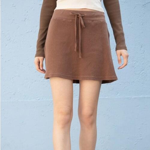 WOMENGAGA Women Preppy Style High-rise Drawstring Waistband Waffle Knit Mini Skirt With Back Pocket skirts EC2O