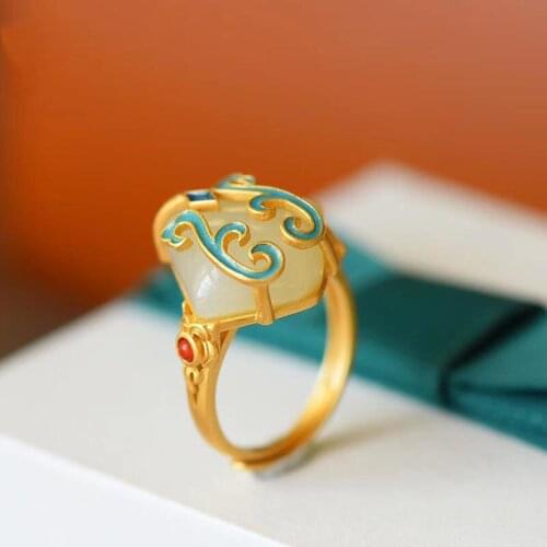 New National Fashion Vintage Sterling Silver Cloisonne Enamel Ring Hetian Jade Open Ring Classical Court Chinese Style Jewelry