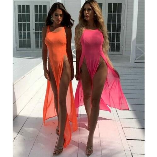 2021 New Bikini Cover Ups Women Mesh Sheer See Through Sexy Beach Dress Sleeveless Split Maxi Dress Swimsuit Sarong