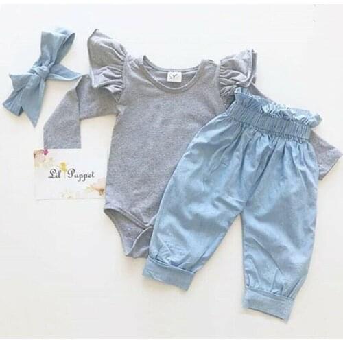 PUDCOCO 3Pcs Newborn Baby Girl Cotton Tops Romper Bowknot Denim Pants Outfits Clothes Support wholesale