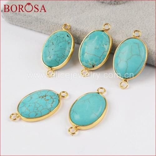 BOROSA Gold Color Oval Blue Howlite Stone Druzy Drusy Connector Double Bails High Quality Gems Jewelry for Women G1414