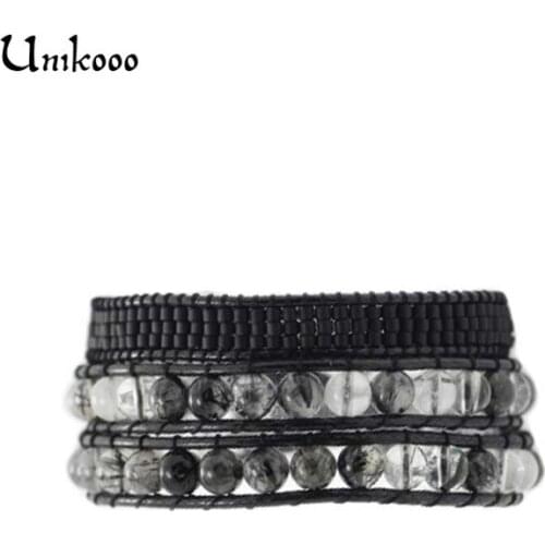 Unisex Bracelet Boho Black Crystal with Black Seeds Beads Wrap Bracelet Leather Wrap Bracelet 3 Strands Stone Rope Jewelry