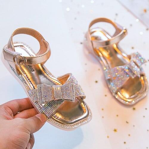 2021 Summer New High-end Atmospheric Bow Rhinestone Girls Sandals 26-36 Kids Princess Dance Performance Shoes Childrens Sandals