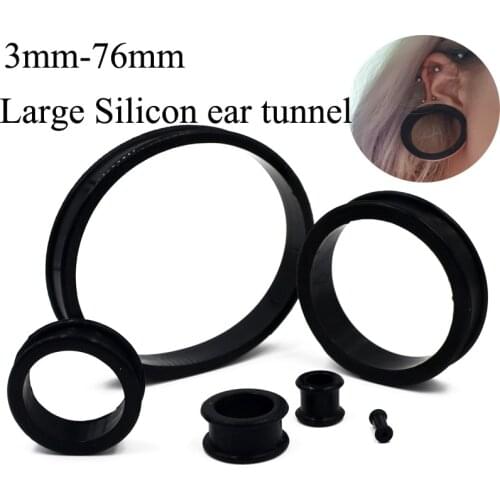 Dreamlee 2Pcs Large Size Black Thin Silicone Ear Flesh Tunnel Hollow Plug Piercing Soft Gauge Expander Body Jewelry 3-76mm