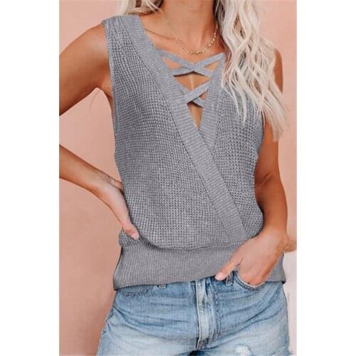 Large T-shirt 2021 summer new fashion sleeveless womens wear waffle deep V-neck open back sexy vest T-shirt womens top