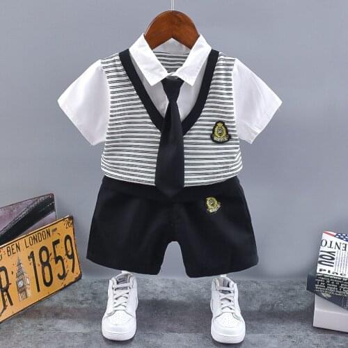 2021 Summer Toddler Girls Boys Clothing Set Baby Casual Fashion Active Patchwork Fake Two T-shirt with Tie+shorts Kids Outfits