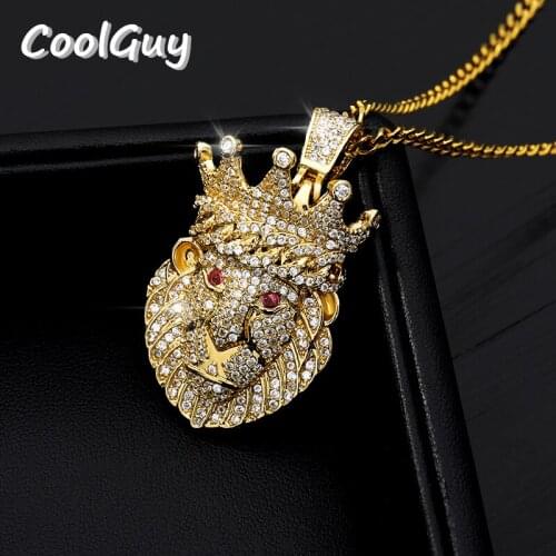 Crown Lion Pendant Necklace for Men Rapper Hip Hop Necklace Jewelry for Women Gold Silver Color Party Punk Zircon Jewelry Gift