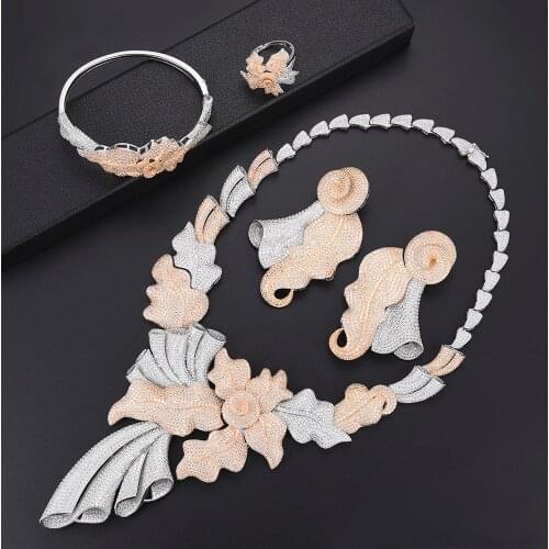 LARRAURI 4PCS Jewelry Sets Luxury Bridal Wedding Engagement Jewelry Sets Big Leaves Collar Necklace Dangle Earrings Bangle Ring