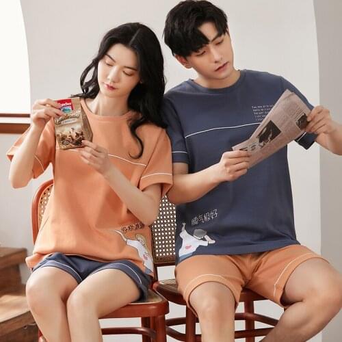Fashion Full Cotton Couple Pajamas Set Women Summer Short Sleeve Plus Size Sleepwear Funny Cartoon Men Homewear Kawaii Nightwear