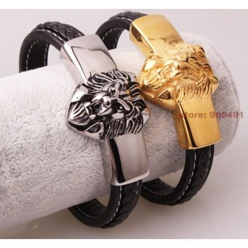 Fashion Mens Jewelry Silver Gold Stainless Steel Animal Lion Black Braided Leather Bracelet 12mm8.26"