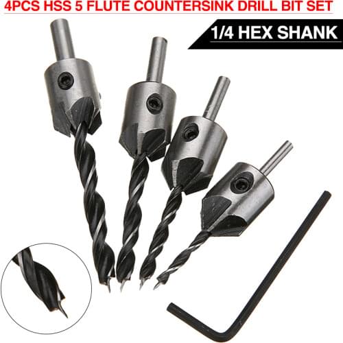 4pcs Countersink Drill Bit Set 3-6mm HSS 5 Flute Drill Chamfer Reamer Woodworking Power Tools for Wood Drill Bits