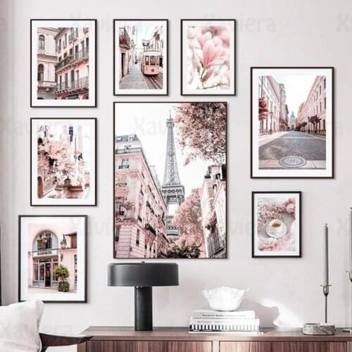 Nordic Pink Landscape Painting Paris Street Cherry Blossoms Wall Art Canvas Posters And Prints Wall Pictures Living Room Decor