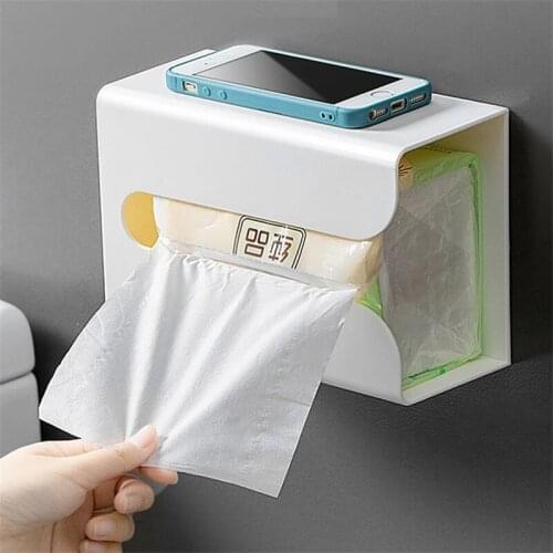Wall Mounted Self Adhesive Tissue Box Napkin Holder Plastic Garbage Bag Dispenser Storage Rack Bathroom Organizer