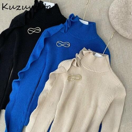 Chic Fashion Autumn Fungus Patchwork Pullovers All-match Slim Fit Women Sweaters New Turtleneck Knitted Femme Tops