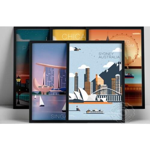 Retro Promotional Poster, Paris Chicago United Kingdom Singapore Sydney Australia Landscape Prints, Journey Scenery Wall Picture