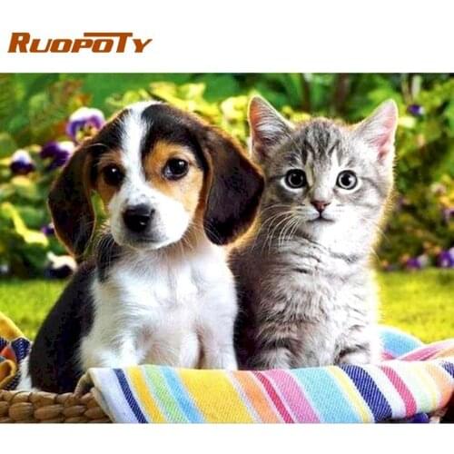 RUOPOTY Painting By Numbers Dog And Cat Animal Picture Handmade Home Living Room Decor Paint Kits 60x75cm Frame Craft Diy Gift