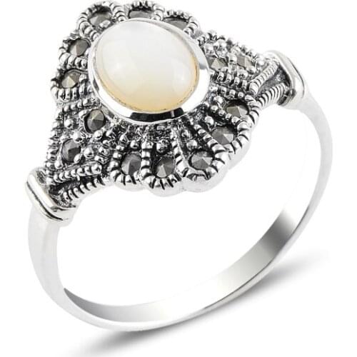 Silver 925 Sterling Pearl & Marcasite Ring