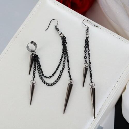 Men Retro Black Tassel Chain Long Earrings Punk Earrings Hiphop Rivet Earrings For Women Gothic Party Jewelry Pendientes