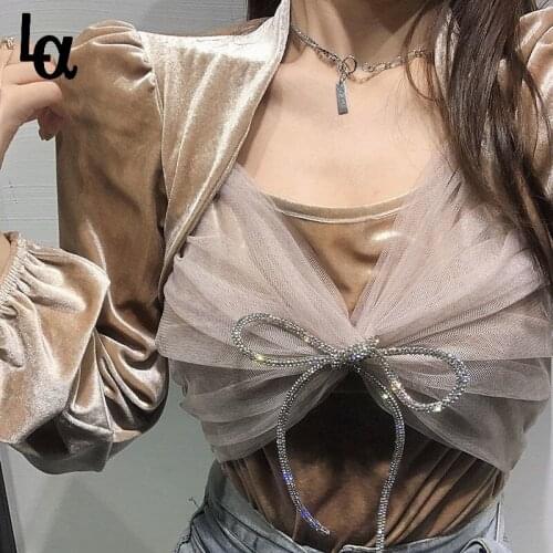 Luck A Women Blouses Bow Gauze Patchwork Pleuche Shirts Sexy Lady Square Collar Puff Sleeve Blouse Korean Fashion Blusas Tops